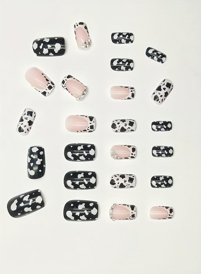 OCOUYVD 24 Pcs French Tip Press on Nails Short Square Shaped Fake Nails with Cow Print and Rhinestones Design Pink Glossy Leopard Acrylic Nails Full Cover Stick on Nail for Women Nail Manicure Decoration - Image 3